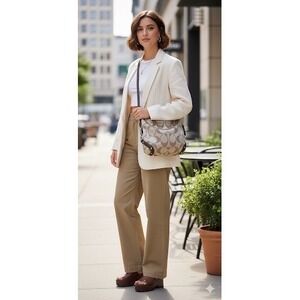 Coach Signature C Monogram Hobo Handbag Tan Brown Leather Silver Chain Accents